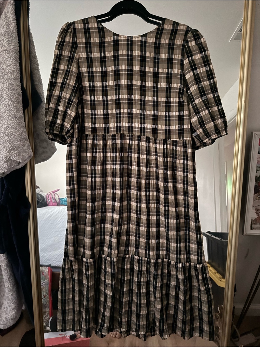 Primark Black and Plaid Puff Sleeve Midi Dress